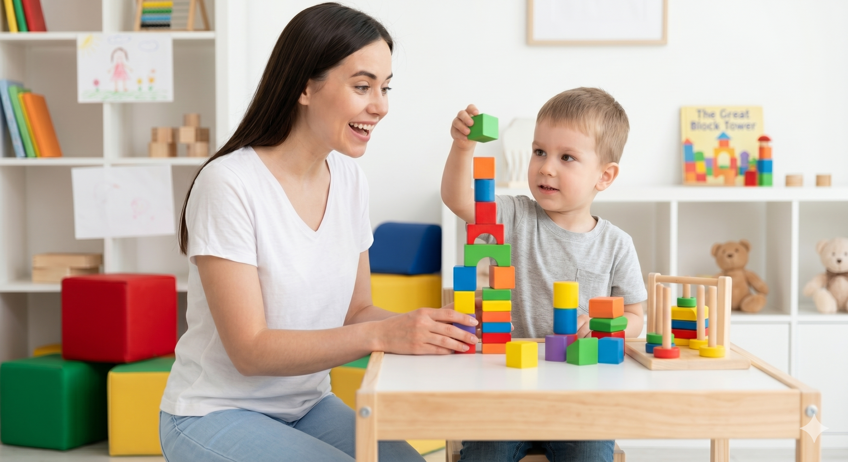 A smiling therapist engaging warmly with a happy young child during a play-based learning session