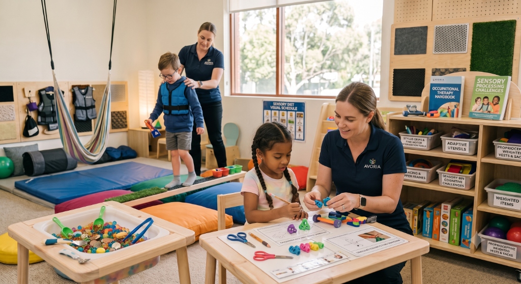 Occupational Therapist working with children in a sensory and motor skill room at one of our autism centers near me.
