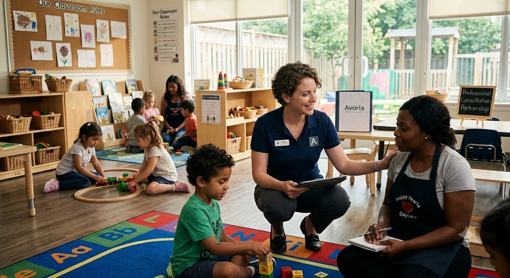 A professional therapist talking with a daycare educator in a classroom with children playing in the background