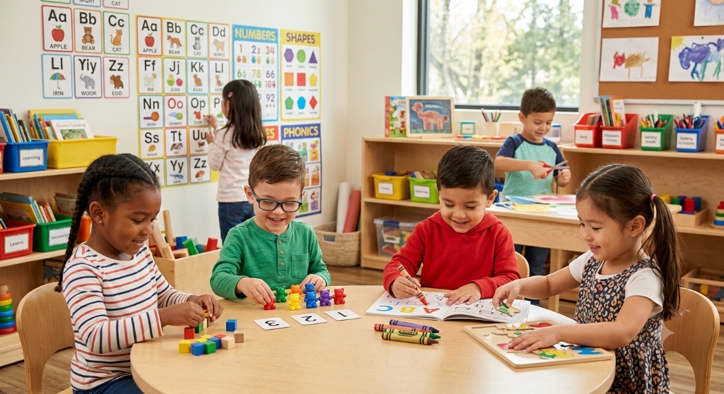 Four young children sitting around a table in a classroom practicing counting and sorting skills