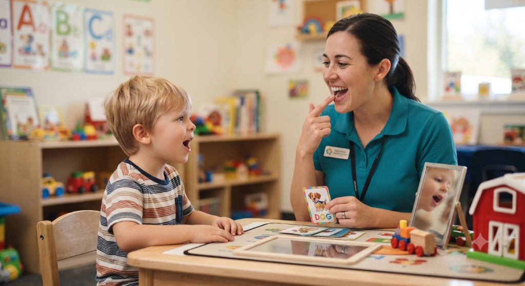Speech-Language Pathologist working interactively with a young child using picture cards to deliver therapy for autism.